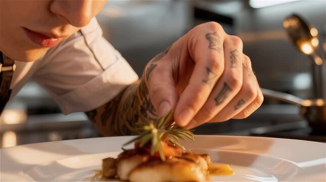Chef joven con tatuajes concentrado en decorar un plato