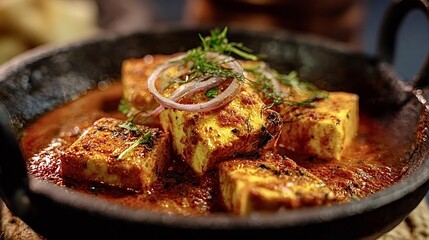 Paneer curry in cast iron pan with onions