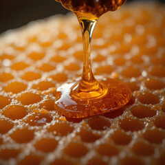 Fresh honey dripping on honeycomb natural sweetener