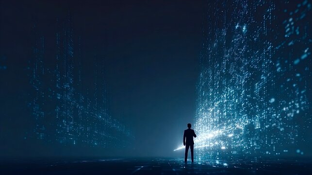 Businessman standing in an abstract digital data big data network