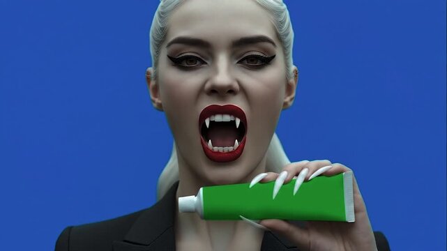 Vampire Woman Holding Toothpaste Tube in Left Hand and Revealing Her Fangs (Blue Background)