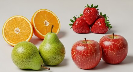 A vibrant composition of fresh fruits on a pristine white surface