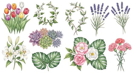 Watercolor collection featuring various floral elements on a white background