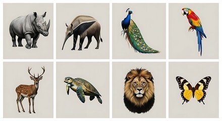 Obraz premium Eight illustrated wildlife animals on neutral square backgrounds showing different creatures