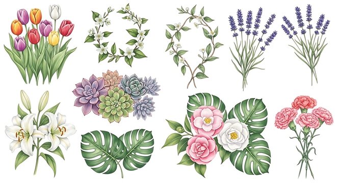 Watercolor collection featuring various floral elements on a white background