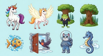 Fototapeta premium Whimsical Characters: A Colorful Cartoon Illustration with Fantasy and Animal Themes