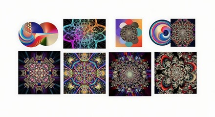 Assorted Abstract Art Prints with Geometric and Fractal Designs on White