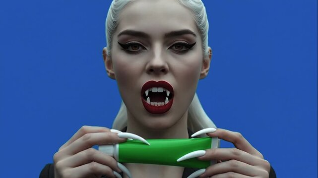 Vampire Woman Holding Green-Screen Toothpaste Tube and Revealing Her Fangs (Blue Background, Two Hands)