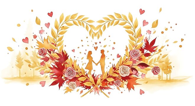 Romantic fall watercolor of a couple framed by autumn leaves