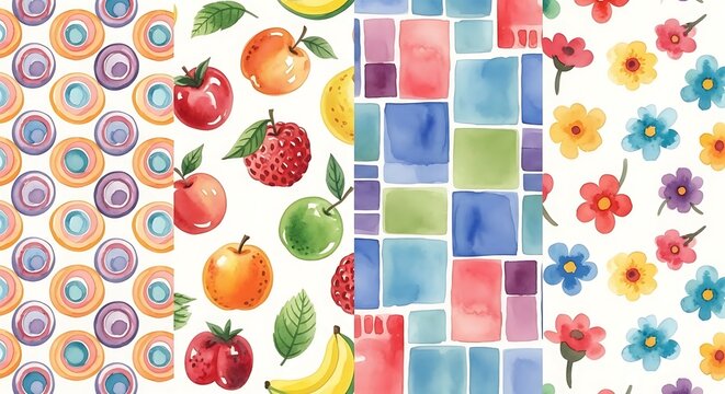 Whimsical watercolor patterns collection with circles, fruits, blocks and flowers