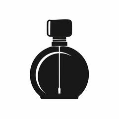 Elegant Black Perfume Bottle with Round Body and Rectangular Cap.