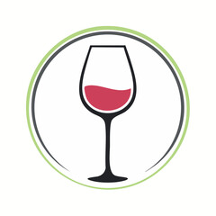 Elegant Wine Glass Icon with Red Wine Inside a Green and Gray Circle.
