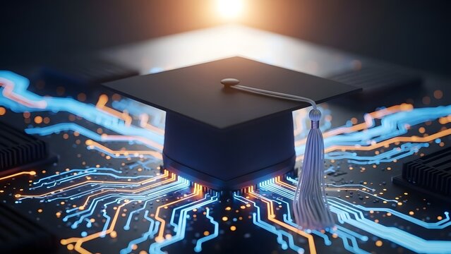 Graduation cap on a circuit board technology concept
