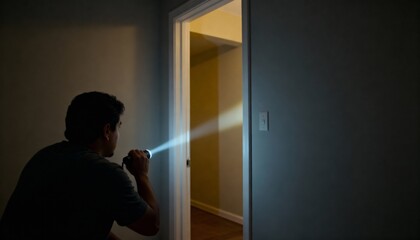 Man testing flashlight in dark room, ambient scene with narrow beam and cautious mood near doorway