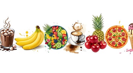Diverse food illustration showcasing sweet and savory options on a white background