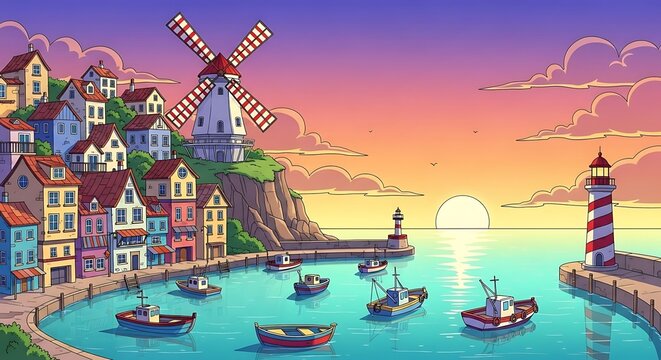 Whimsical Coastal Village Illustration with Windmill at Sunset
