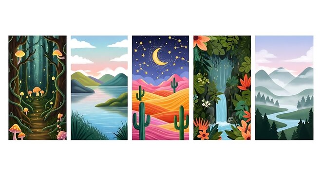 Diverse artistic landscapes: Forest, lake, desert, waterfall and misty mountains