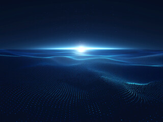 青い粒子の波と地平線の光が広がるデジタル空間