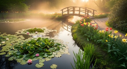 A serene pond with lily pads and a wooden bridge in a misty garden at sunrise or sunset light