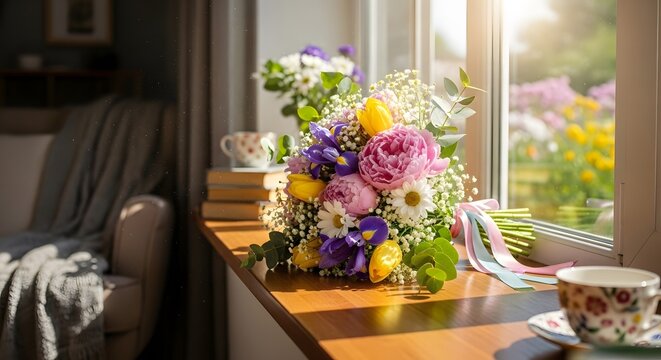 A bouquet of flowers and tea cup sitting on a window sill with a garden view in the background