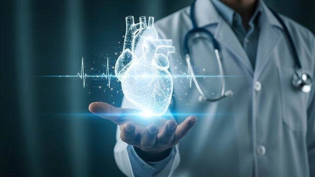 Doctor holding digital heart hologram in healthcare setting