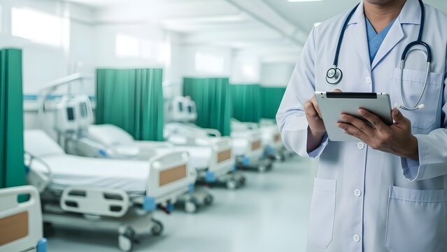 Doctor using tablet in hospital ward with beds - Powered by Adobe