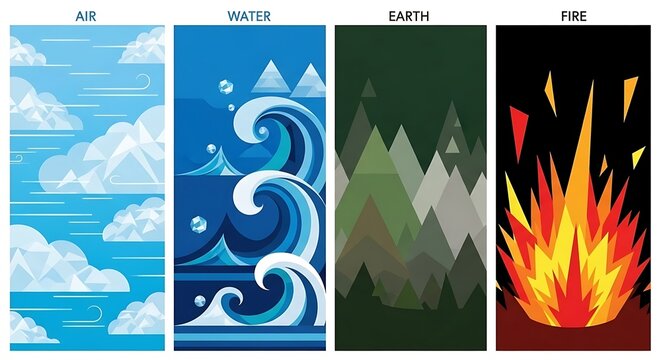 Four Elements: Air, Water, Earth, and Fire Illustrated with Geometric Shapes