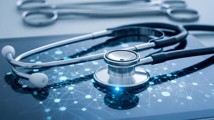 Stethoscope on a tablet with medical tools background