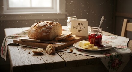 A rustic breakfast scene with bread jam and a mother's day card on a wooden table near a window