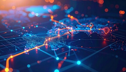 Global digital network map with glowing data connection lines and a location pin, symbolizing worldwide communication, technology, and connectivity.