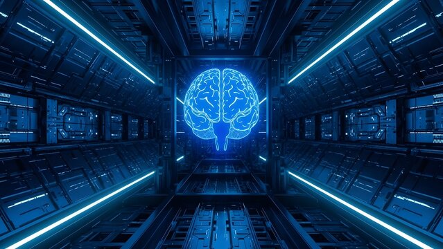 Futuristic brain in a sci fi tunnel with neon lights