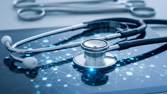 Stethoscope on a tablet with medical tools background