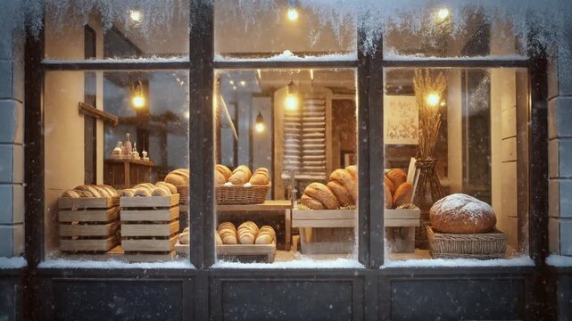 雪が静かに降り積もる中、霜のついた窓から黄金色の光がこぼれるベーカリー外観。
店内には焼きたてのパンが並び、外の寒さと対照的な温もりが漂う。