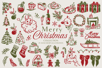 Christmas Icons Collection Hand Drawn Holiday Set Red and Green