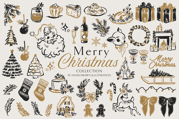 Christmas Icons Collection Hand Drawn Holiday Set Gold and Black