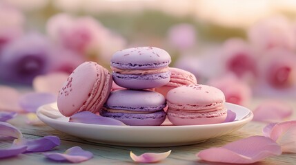 dreamy pastel macarons on white plate with soft romantic floral atmosphere