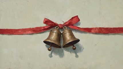 vintage brass jingle bells with red ribbon in minimalist holiday painting