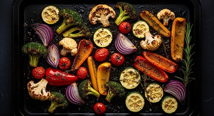Overhead view of a baking sheet filled with an assortment of grilled vegetables, including zucchini, peppers, onions, broccoli, tomatoes, cauliflower, and mu...