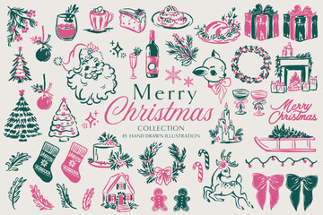 Christmas Icons Collection Hand Drawn Holiday Set Pink and Green