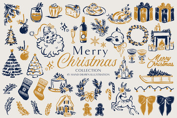 Christmas Icons Collection Hand Drawn Holiday Set Blue and Gold