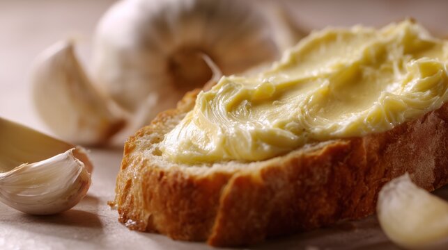 rich garlic butter spread on golden crisp toast in gourmet macro photography