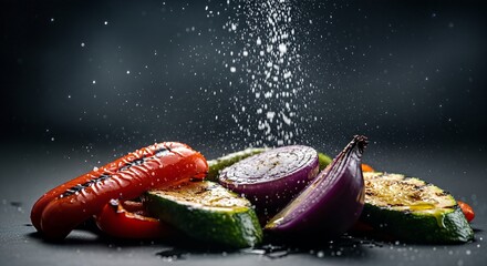 Grilled vegetables, including red pepper, zucchini, and red onion, are sprinkled with salt against a dark background.