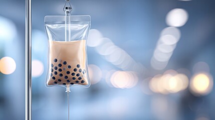 Boba tea infusion bag with tapioca pearls hanging in a clinical setting, showcasing a unique blend of flavors and modern beverage culture