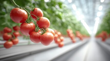 Fresh red tomatoes hanging on a vine in a modern greenhouse, showcasing vibrant colors and healthy growth, emphasizing sustainable agriculture and organic farming practices