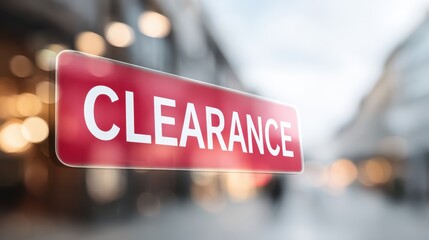 Clearance sale sign displayed prominently in a retail window, with blurred urban background creating a vibrant shopping atmosphere and inviting customers to explore discounts