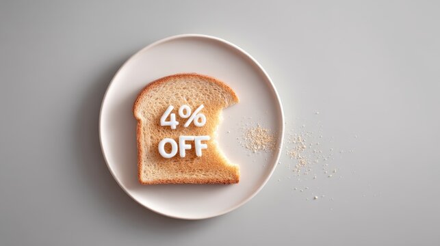 Slice of bread on a plate with a bite taken out, displaying a promotional text of 4 percent off, surrounded by crumbs, creating a playful and engaging food marketing concept
