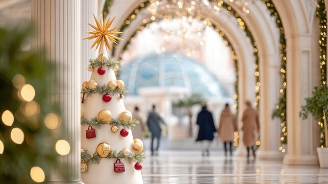 Festively decorated Christmas tree adorned with golden ornaments and red accents stands in a beautifully lit corridor, creating a warm holiday atmosphere with people walking in the background