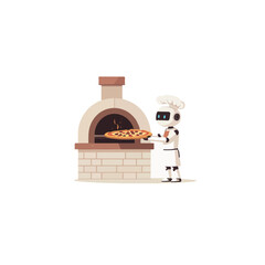 Futuristic pizza preparation: A robot chef skillfully baking a pizza in a stone oven for culinary