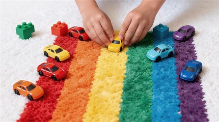  Manos de un niño organizando meticulosamente juguetes 