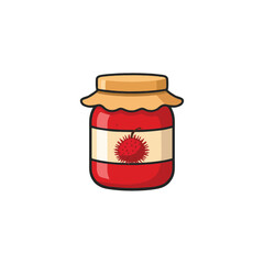 Illustrated glass container showcasing red rambutan fruit preserve invitingly adorned with a